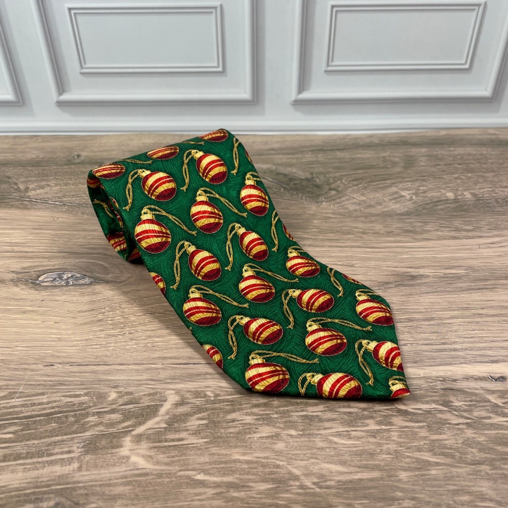 J Z Richards Nordstrom Mens Green‎ Red Gold Holiday Christmas Ornament Silk Tie